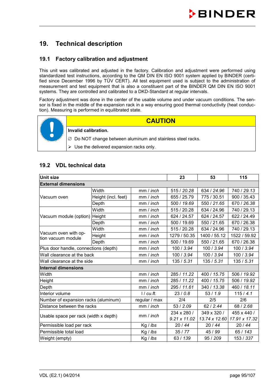 Technical description, 1 factory calibration and adjustment, 2 vdl technical data | Caution | BINDER VD 23 User Manual | Page 95 / 107