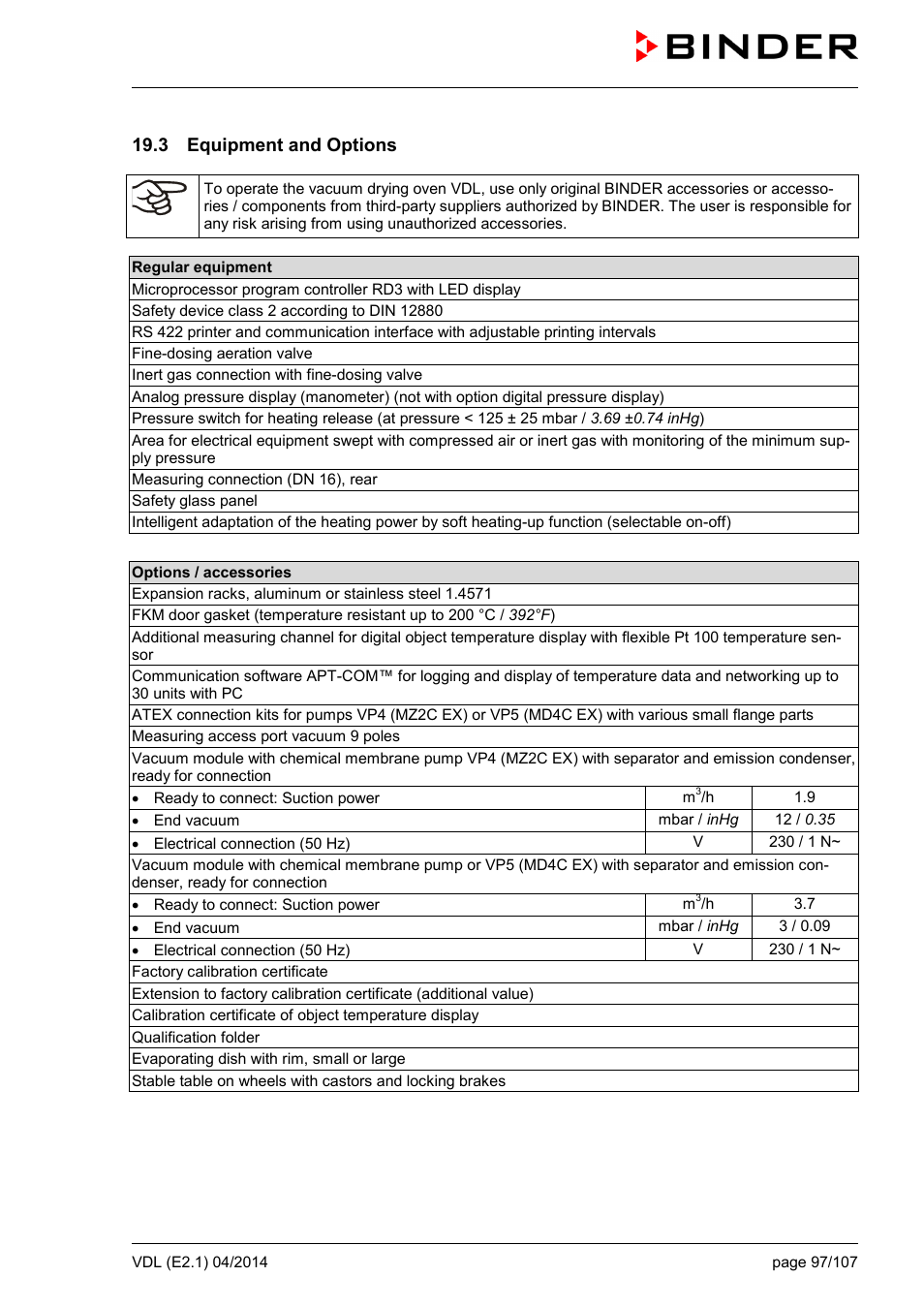 3 equipment and options | BINDER VD 23 User Manual | Page 97 / 107