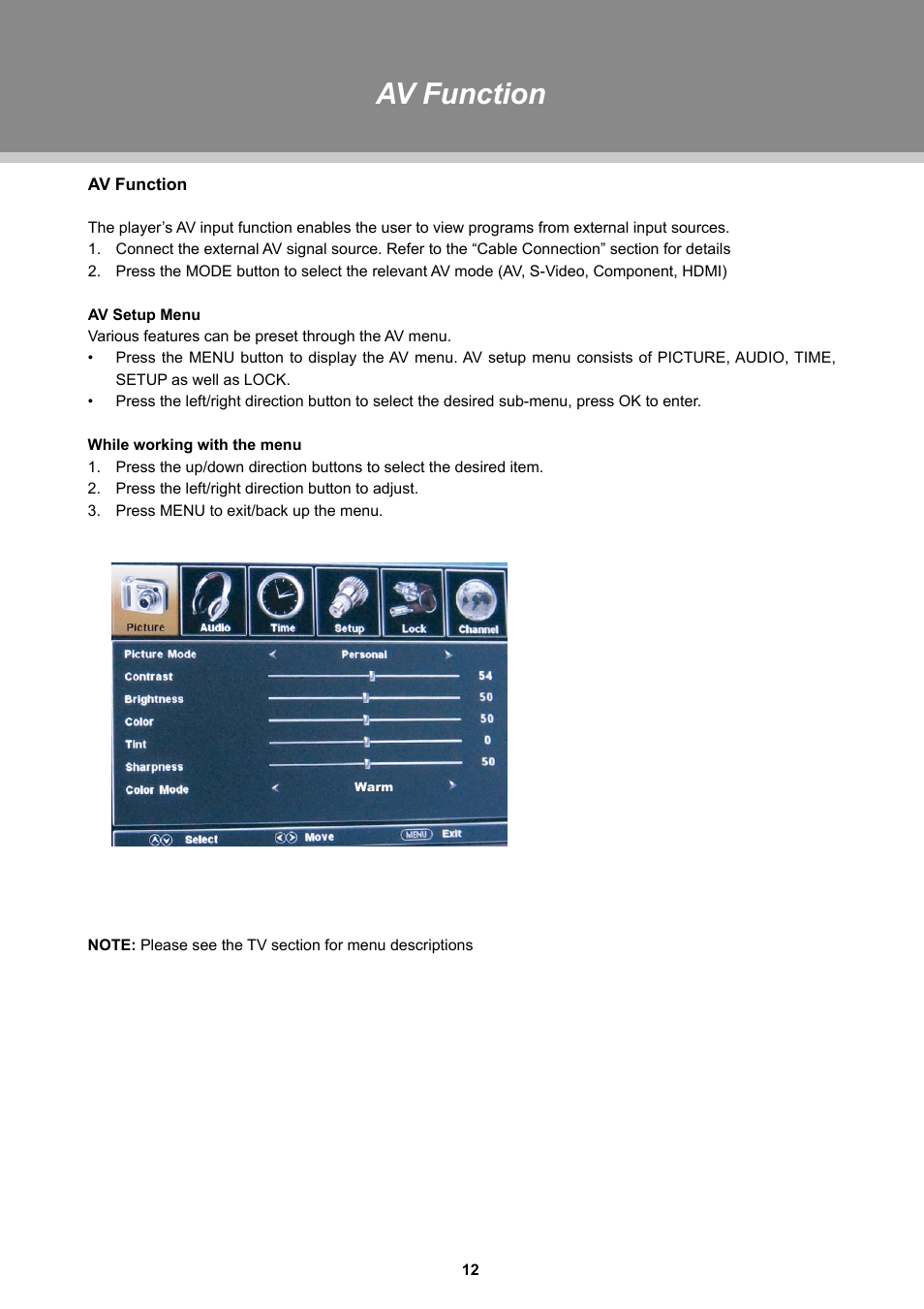 Av function | COBY TFTV1525 User Manual | Page 18 / 21