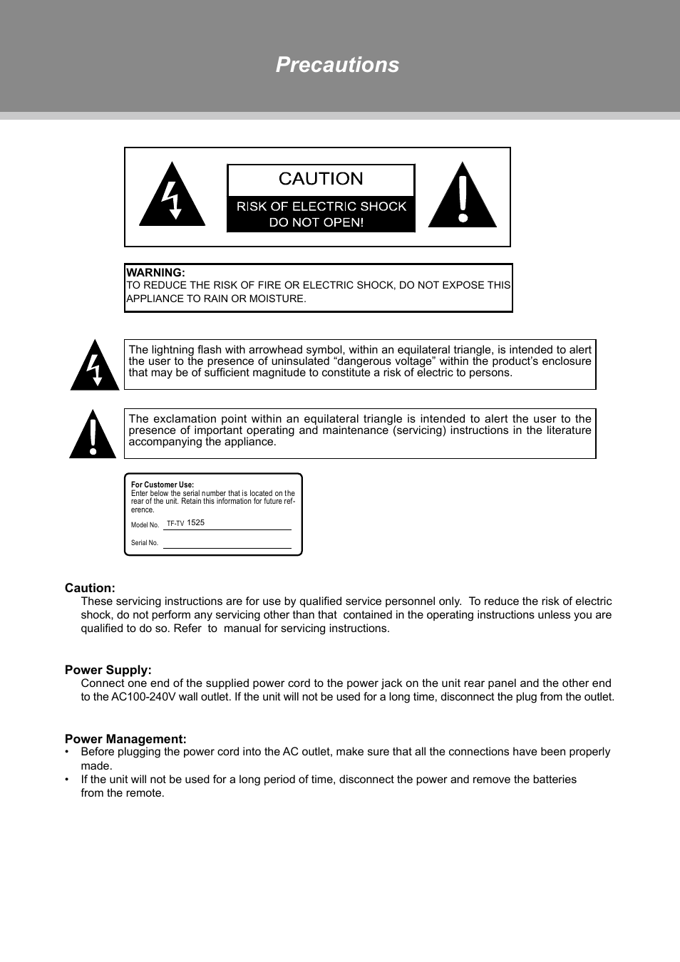 Precautions | COBY TFTV1525 User Manual | Page 2 / 21