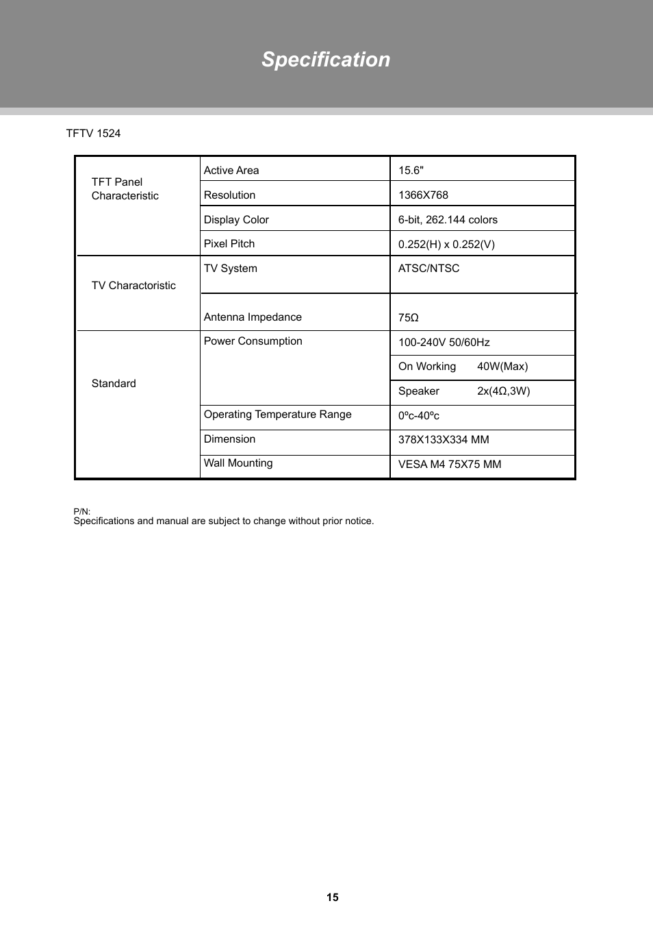 Specification | COBY TFTV1525 User Manual | Page 21 / 21