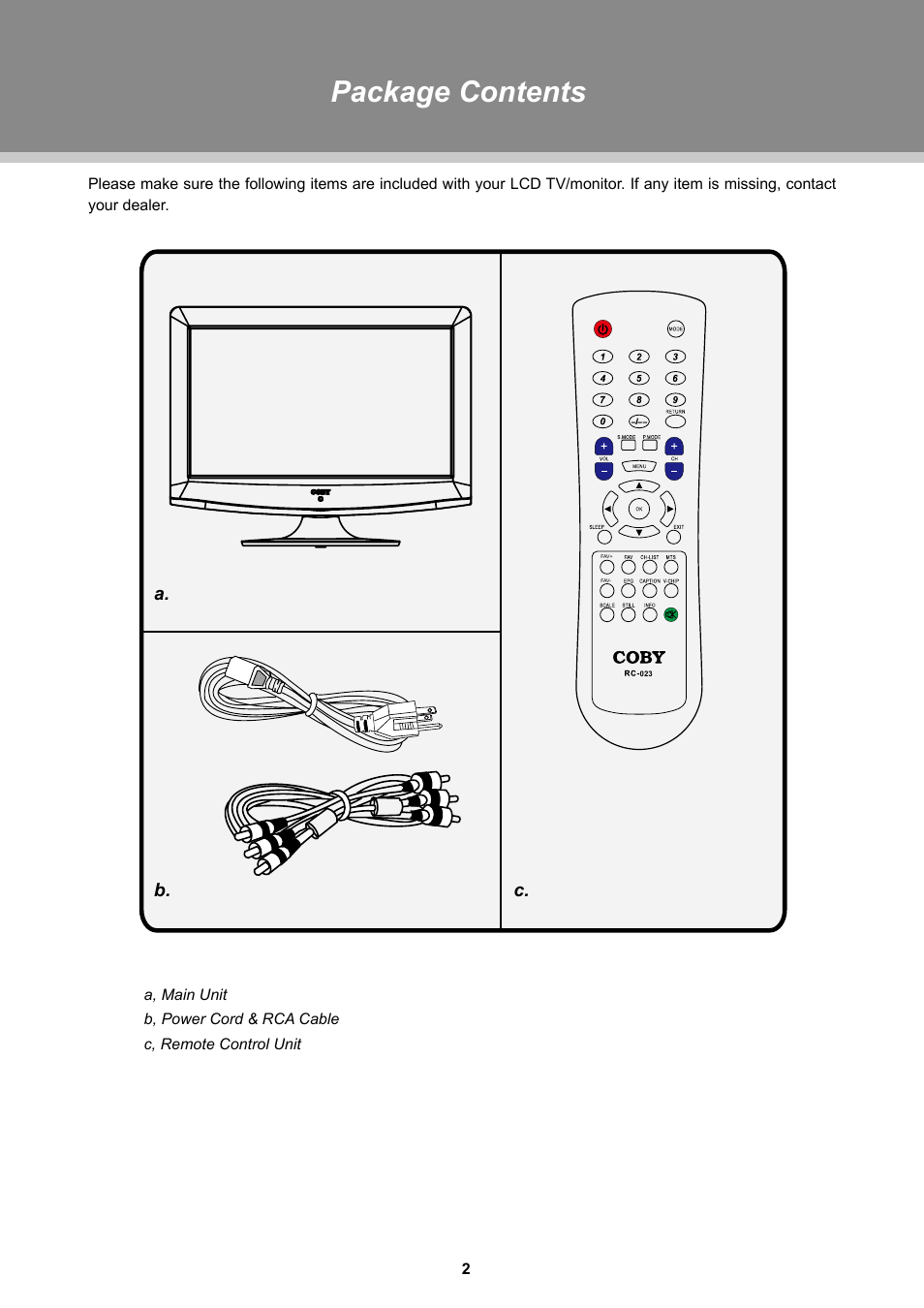 Package contents, A. b. c | COBY TFTV1525 User Manual | Page 8 / 21