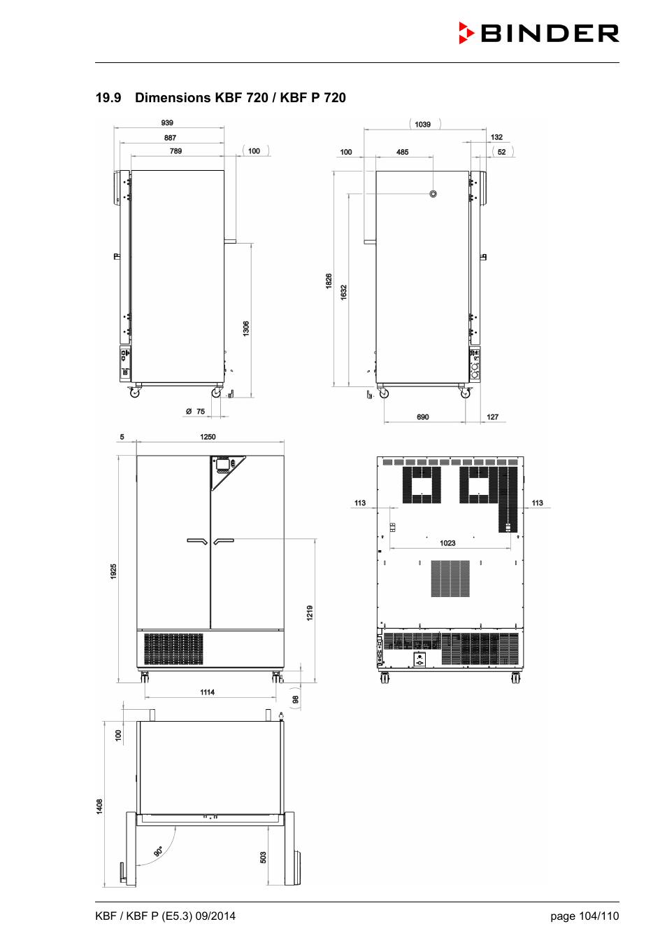 9 dimensions kbf 720 / kbf p 720 | BINDER KBF 115 User Manual | Page 104 / 111