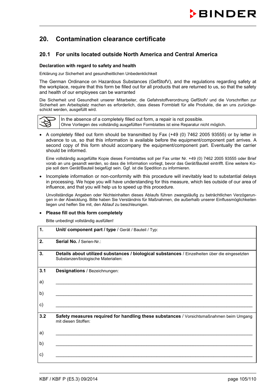 Contamination clearance certificate | BINDER KBF 115 User Manual | Page 105 / 111