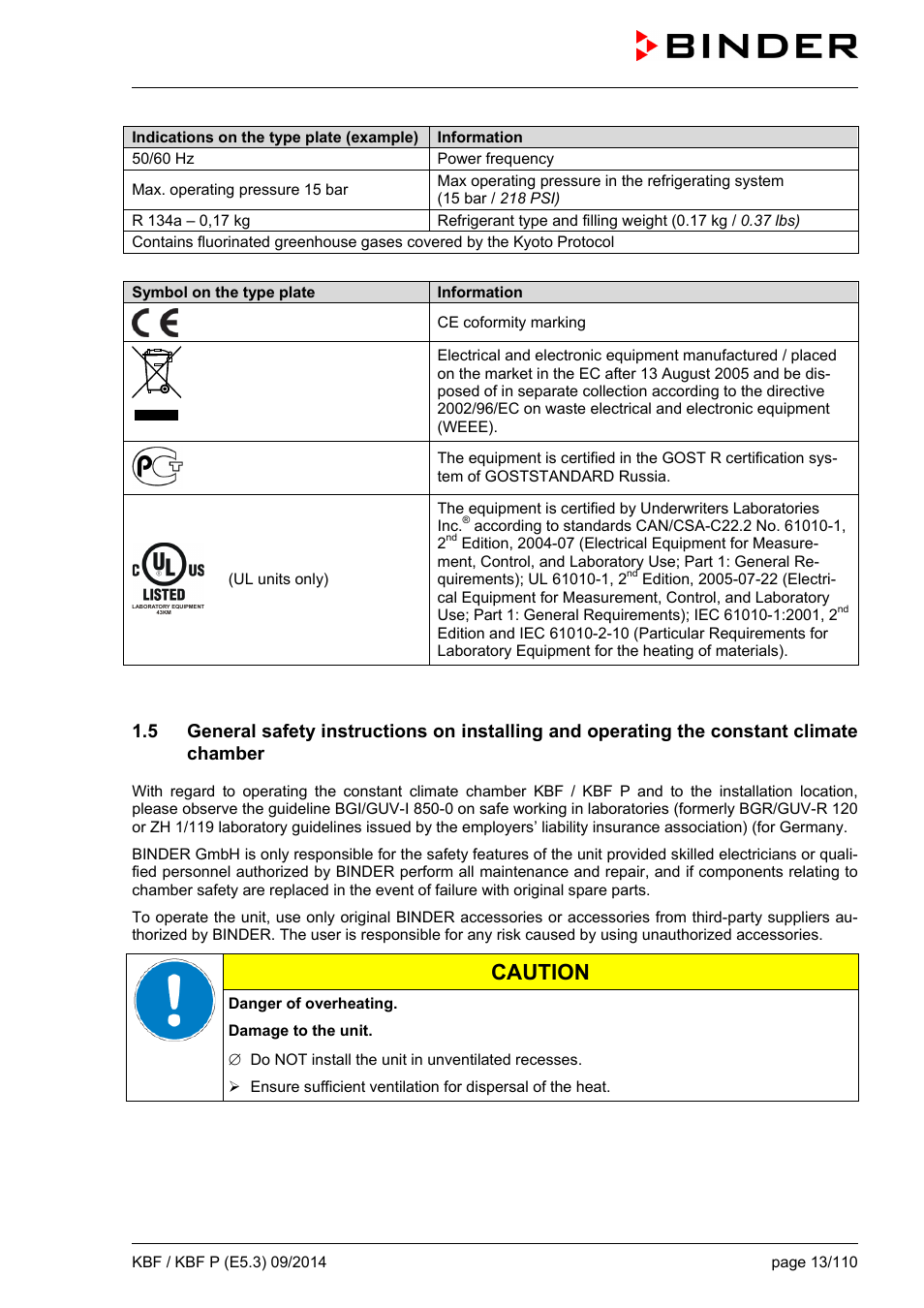 Caution | BINDER KBF 115 User Manual | Page 13 / 111