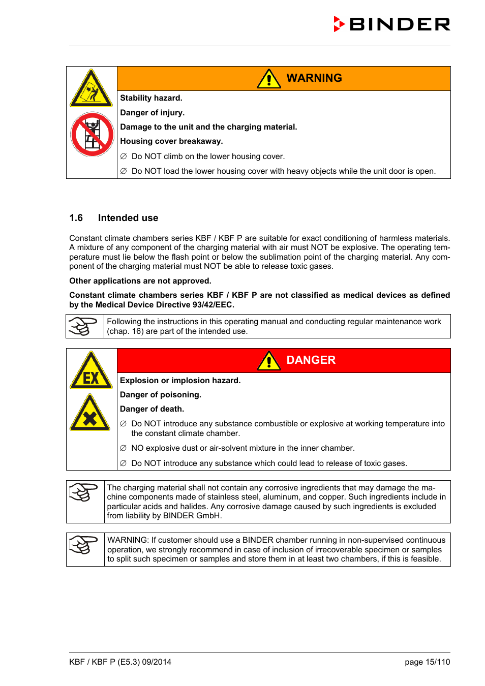 6 intended use, Warning, Danger | BINDER KBF 115 User Manual | Page 15 / 111