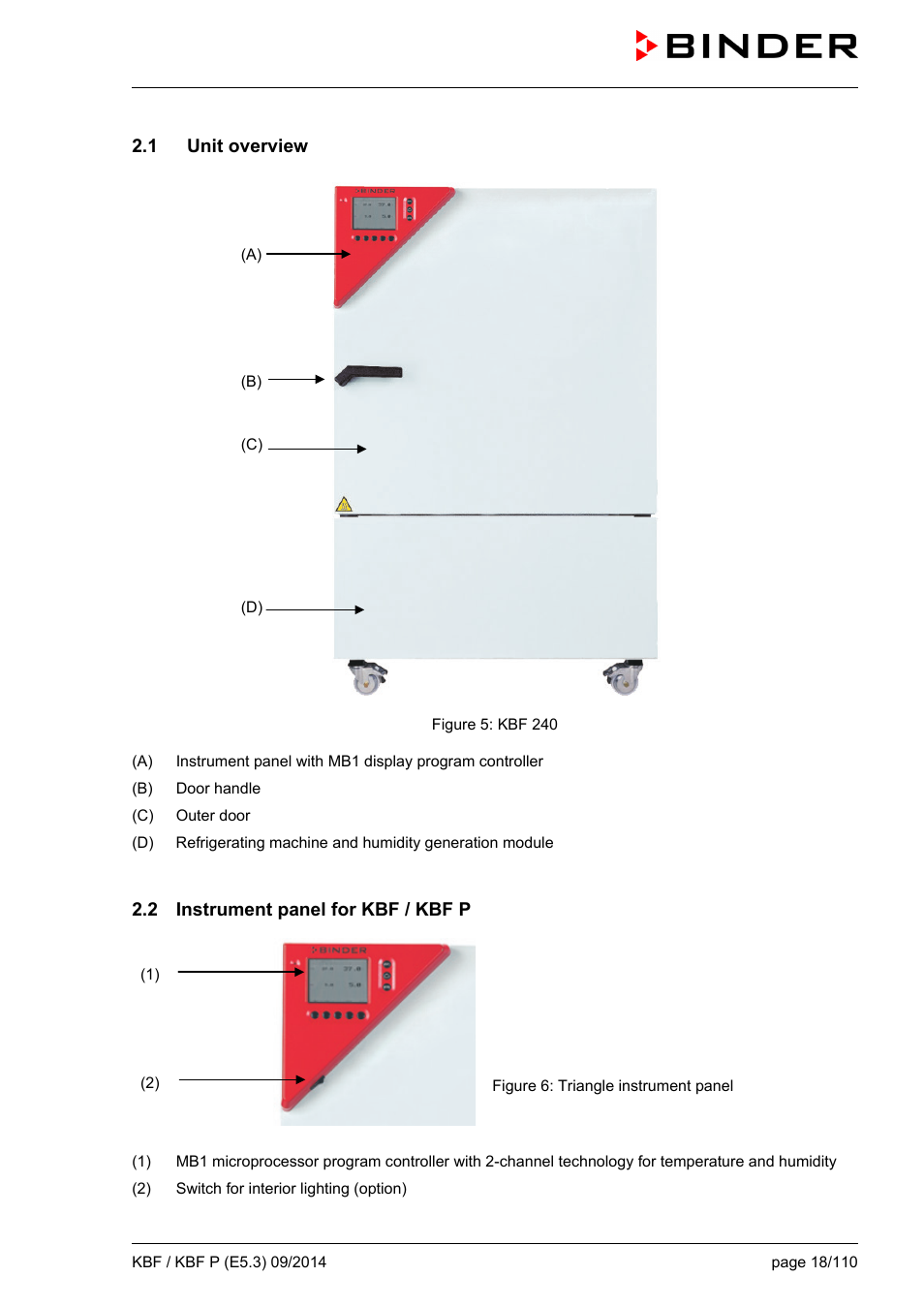 1 unit overview, 2 instrument panel for kbf / kbf p | BINDER KBF 115 User Manual | Page 18 / 111