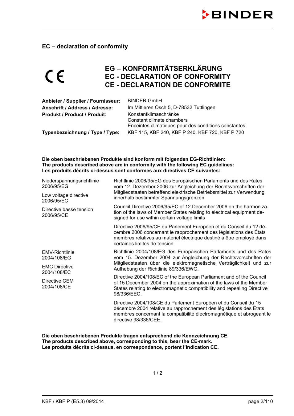 Ec – declaration of conformity | BINDER KBF 115 User Manual | Page 2 / 111