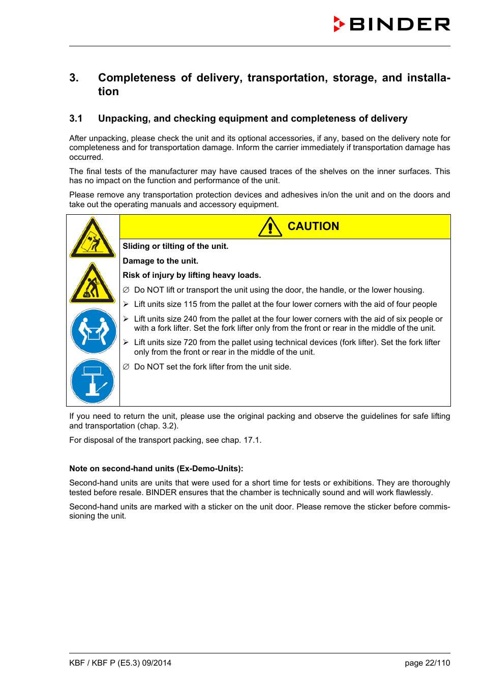 Caution | BINDER KBF 115 User Manual | Page 22 / 111