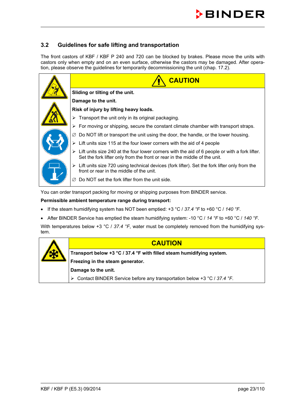 2 guidelines for safe lifting and transportation, Caution | BINDER KBF 115 User Manual | Page 23 / 111