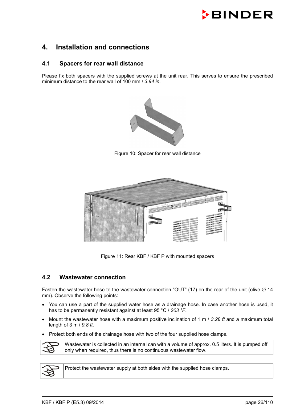 Installation and connections, 1 spacers for rear wall distance, 2 wastewater connection | Ole_link5 | BINDER KBF 115 User Manual | Page 26 / 111