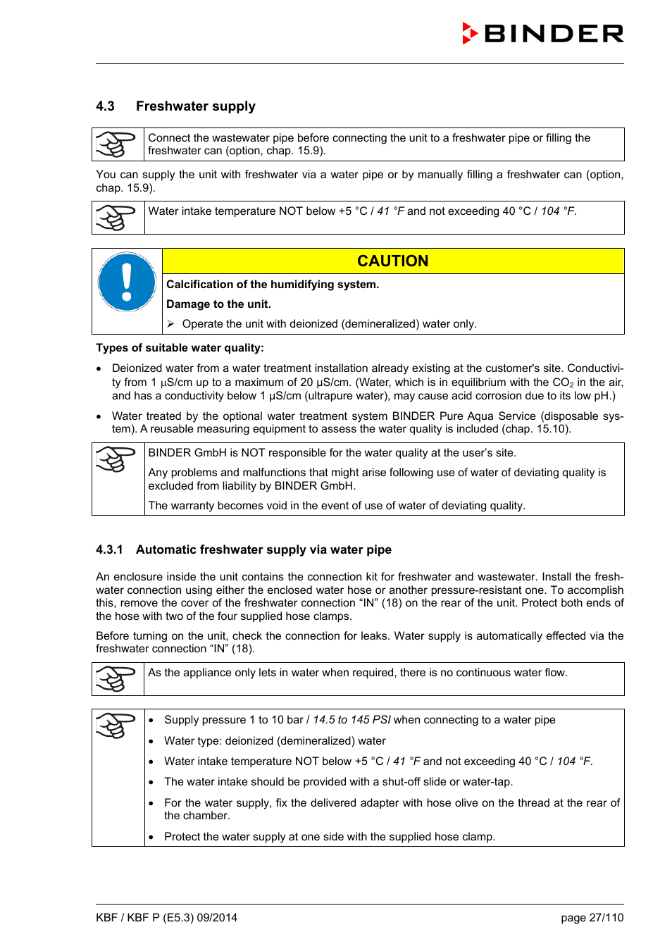 3 freshwater supply, 1 automatic freshwater supply via water pipe, Caution | BINDER KBF 115 User Manual | Page 27 / 111