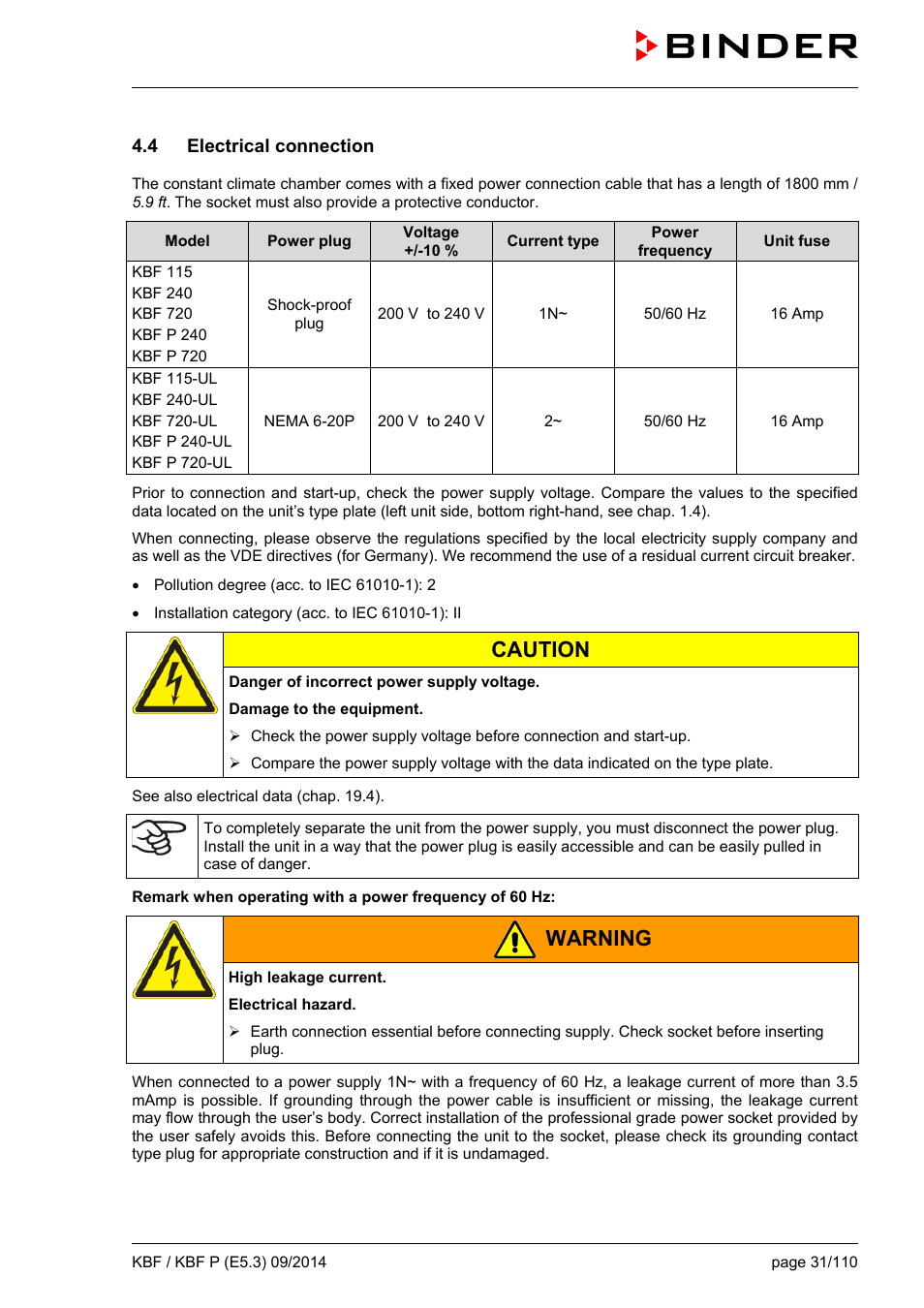 4 electrical connection, Caution, Warning | BINDER KBF 115 User Manual | Page 31 / 111