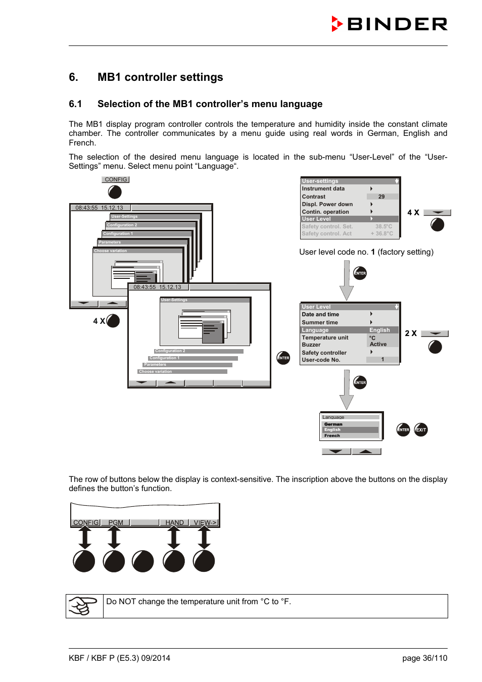 Mb1 controller settings, 1 selection of the mb1 controller’s menu language | BINDER KBF 115 User Manual | Page 36 / 111