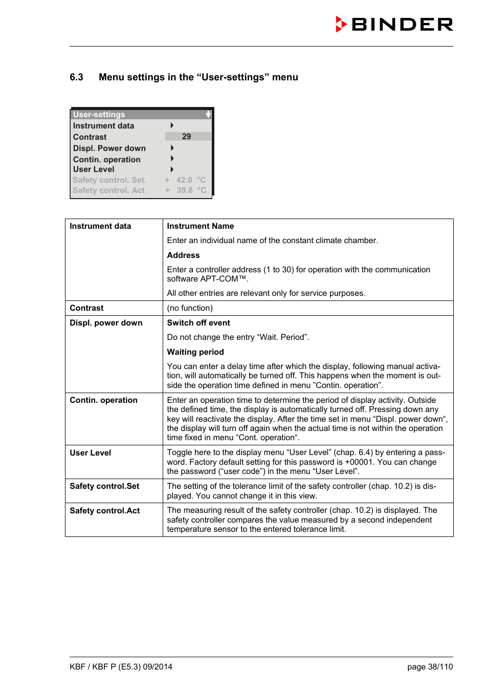 3 menu settings in the “user-settings” menu | BINDER KBF 115 User Manual | Page 38 / 111