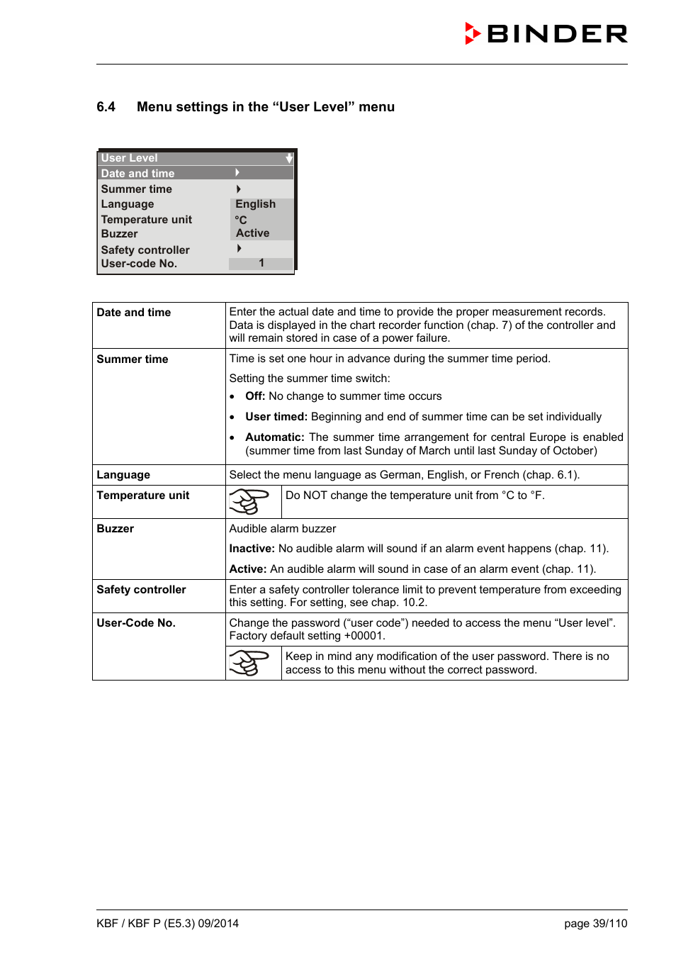 4 menu settings in the “user level” menu | BINDER KBF 115 User Manual | Page 39 / 111