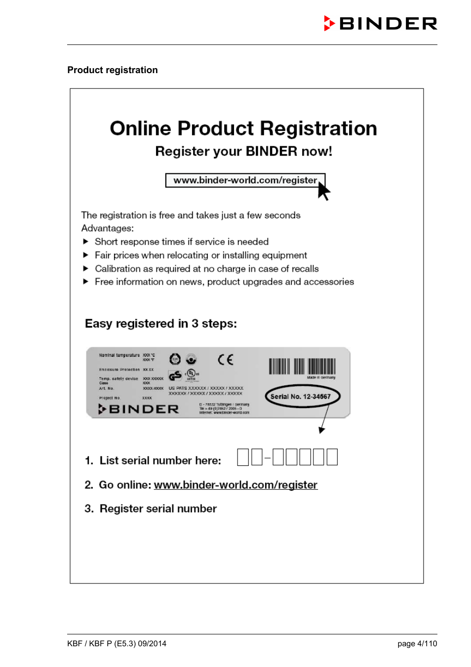 Product registration | BINDER KBF 115 User Manual | Page 4 / 111