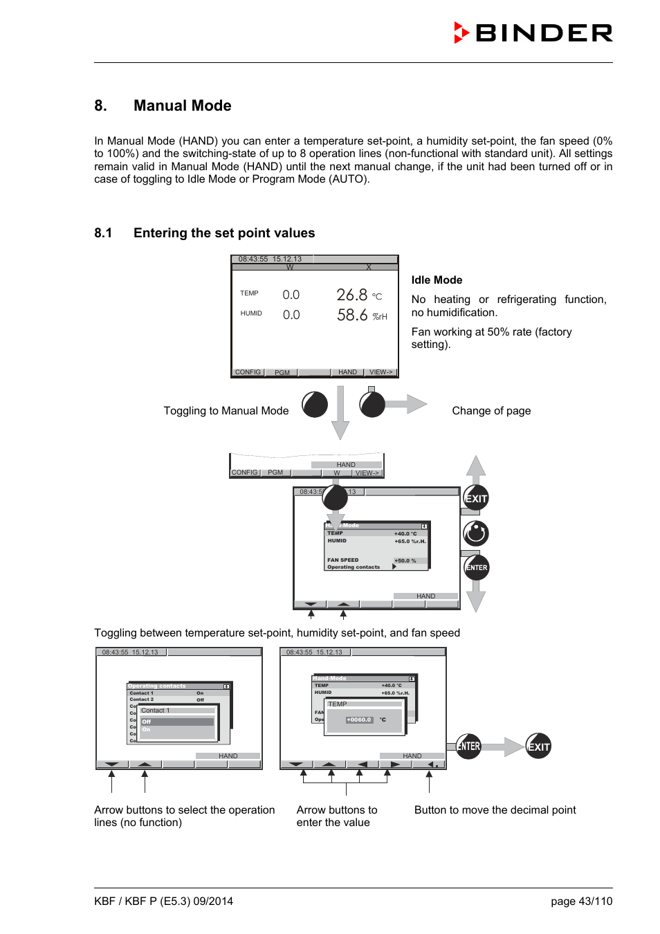 Manual mode, 1 entering the set point values | BINDER KBF 115 User Manual | Page 43 / 111