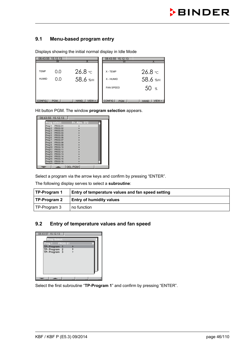 1 menu-based program entry, 2 entry of temperature values and fan speed | BINDER KBF 115 User Manual | Page 46 / 111