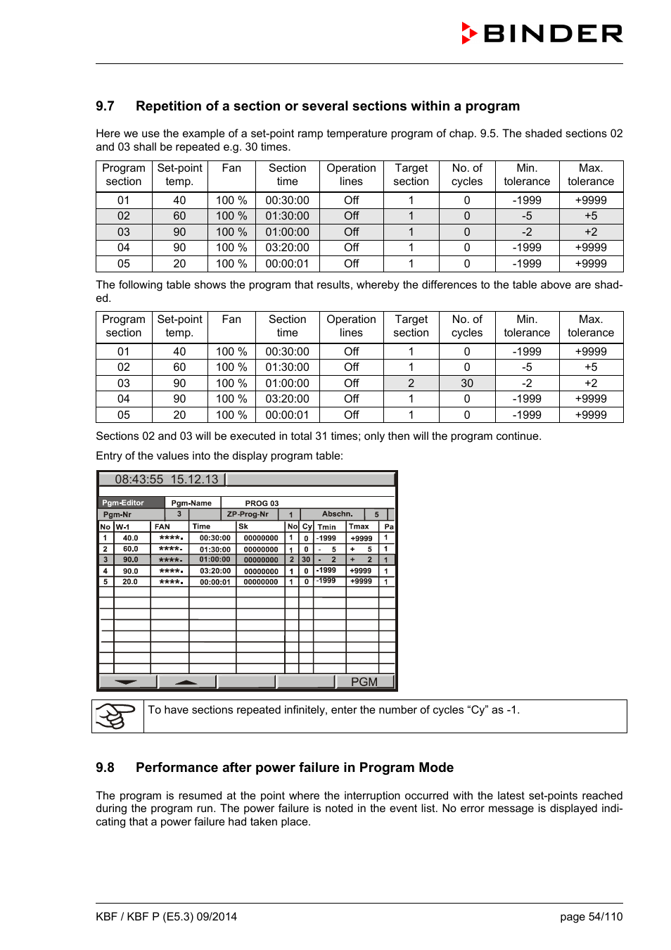 8 performance after power failure in program mode | BINDER KBF 115 User Manual | Page 54 / 111