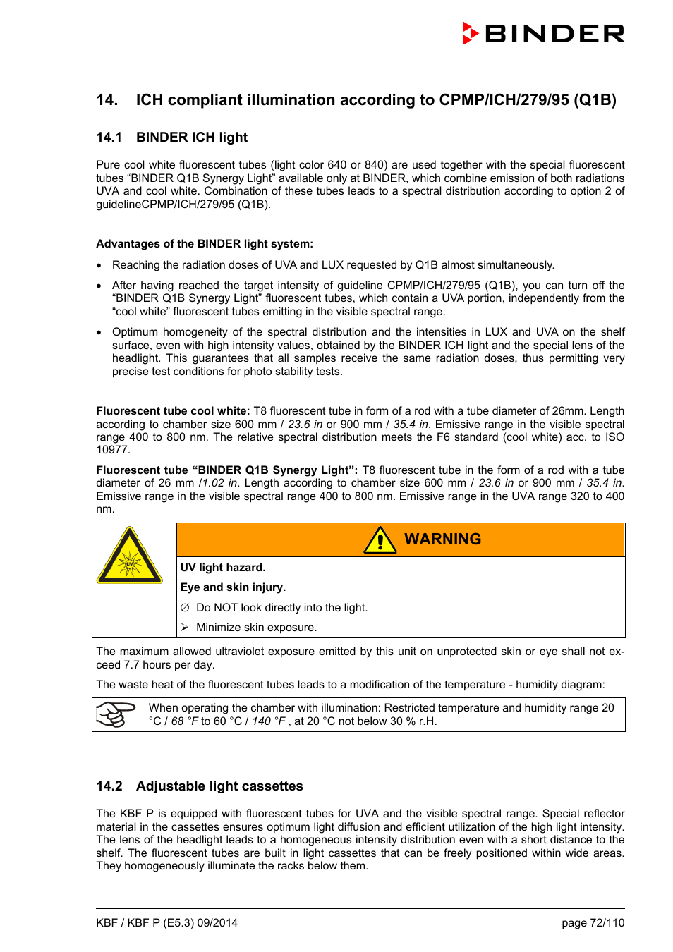 1 binder ich light, 2 adjustable light cassettes, Warning | BINDER KBF 115 User Manual | Page 72 / 111