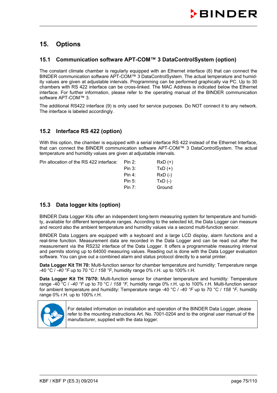 Options, 2 interface rs 422 (option), 3 data logger kits (option) | BINDER KBF 115 User Manual | Page 75 / 111