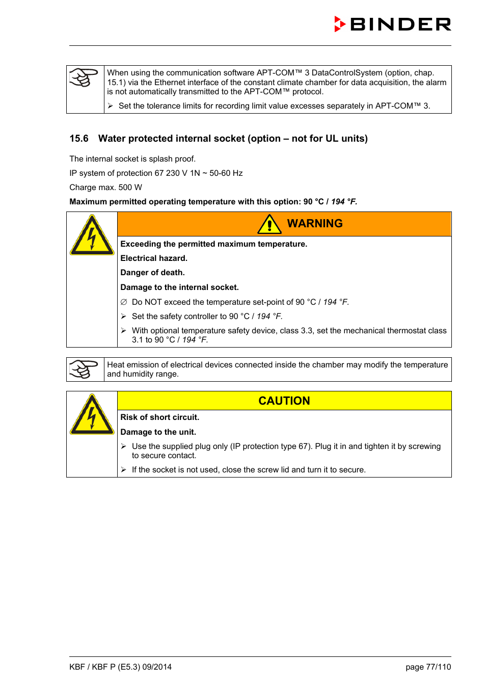 Warning, Caution | BINDER KBF 115 User Manual | Page 77 / 111
