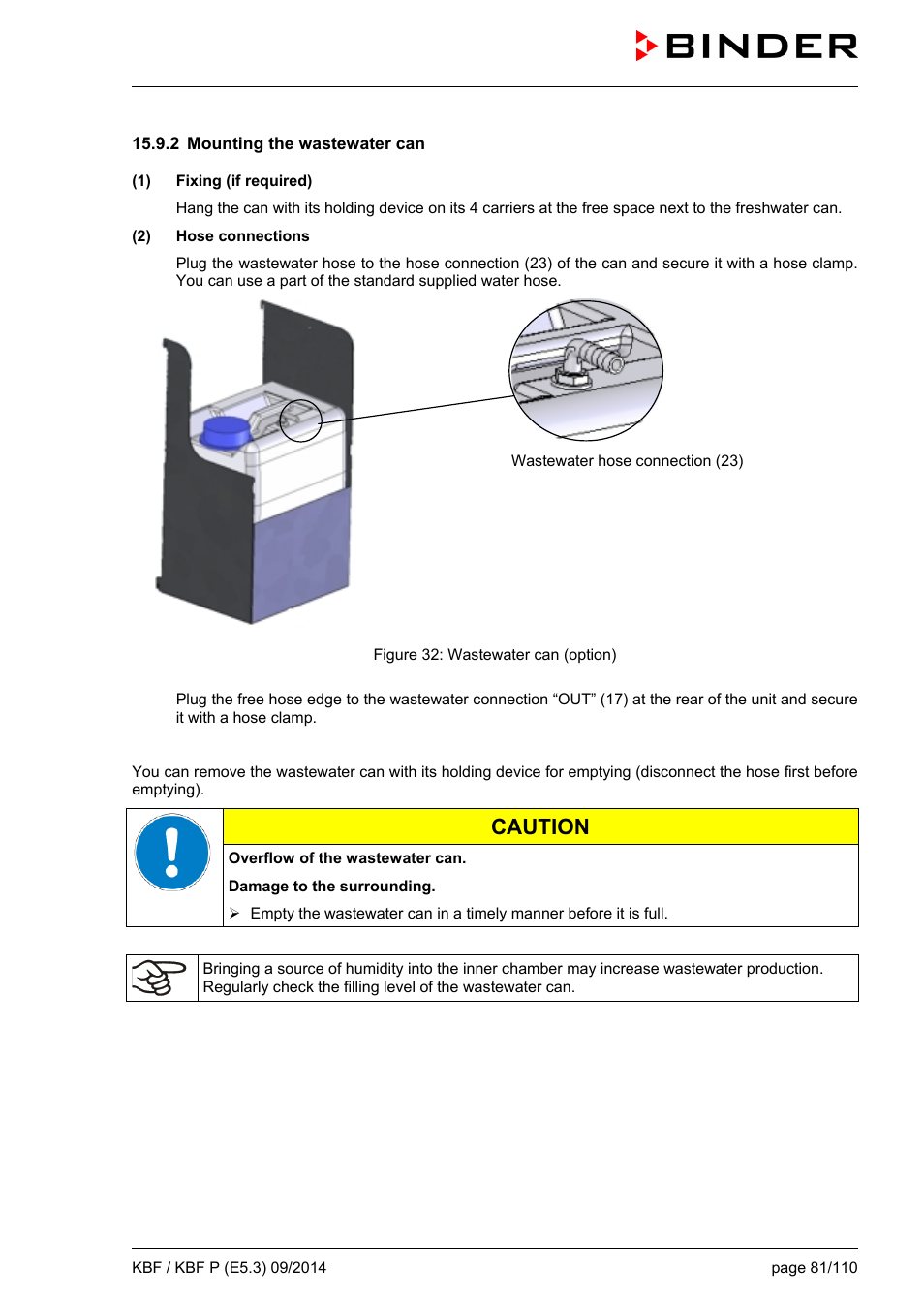 2 mounting the wastewater can, Caution | BINDER KBF 115 User Manual | Page 81 / 111