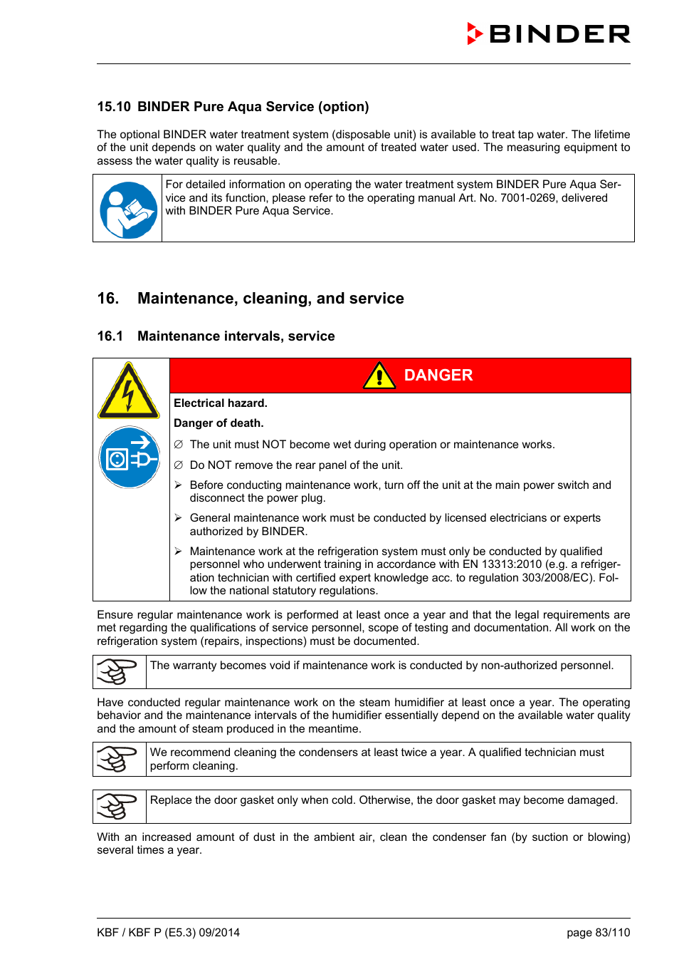 10 binder pure aqua service (option), Maintenance, cleaning, and service, 1 maintenance intervals, service | Danger | BINDER KBF 115 User Manual | Page 83 / 111