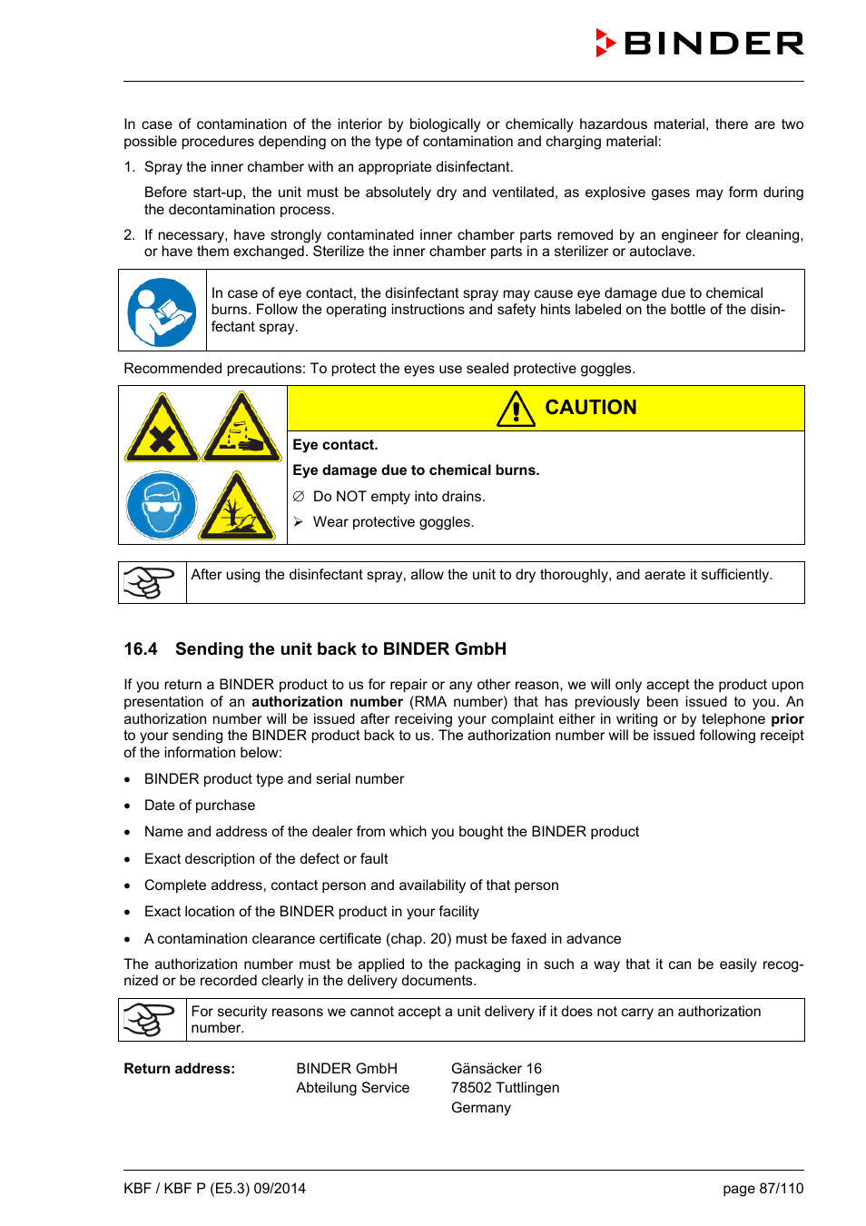 4 sending the unit back to binder gmbh, Ole_link4, Ole_link6 | Caution | BINDER KBF 115 User Manual | Page 87 / 111