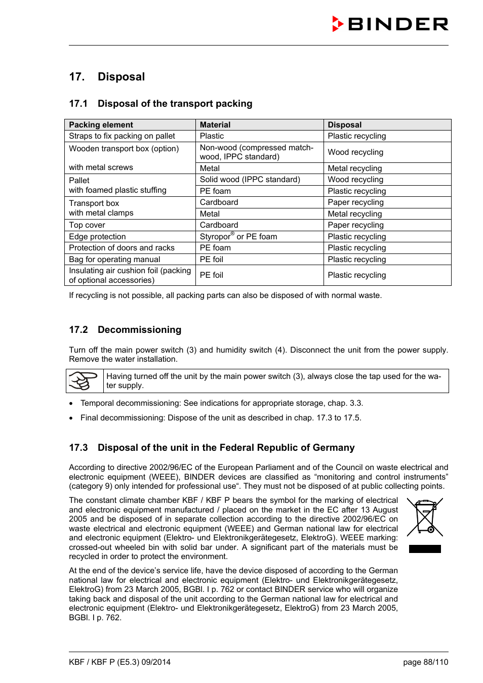 Disposal, 1 disposal of the transport packing, 2 decommissioning | BINDER KBF 115 User Manual | Page 88 / 111