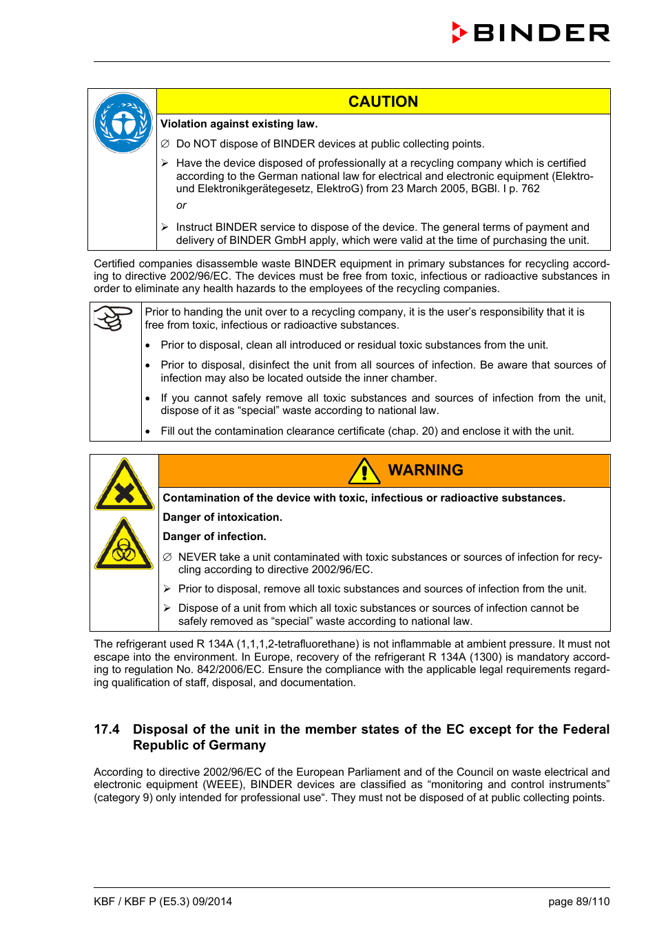 Caution, Warning | BINDER KBF 115 User Manual | Page 89 / 111