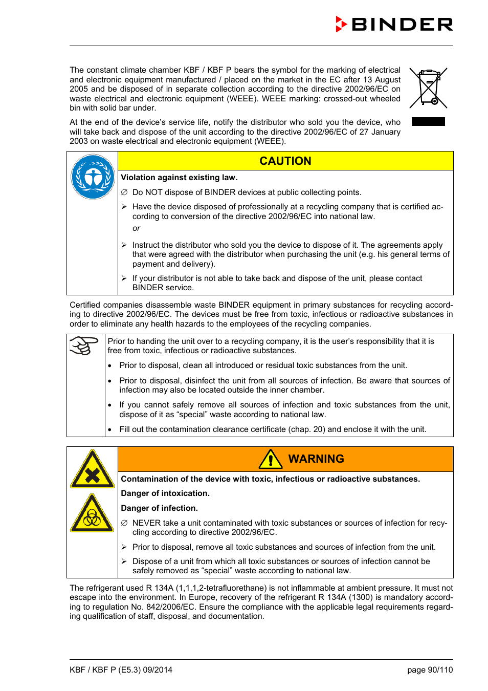 Caution, Warning | BINDER KBF 115 User Manual | Page 90 / 111