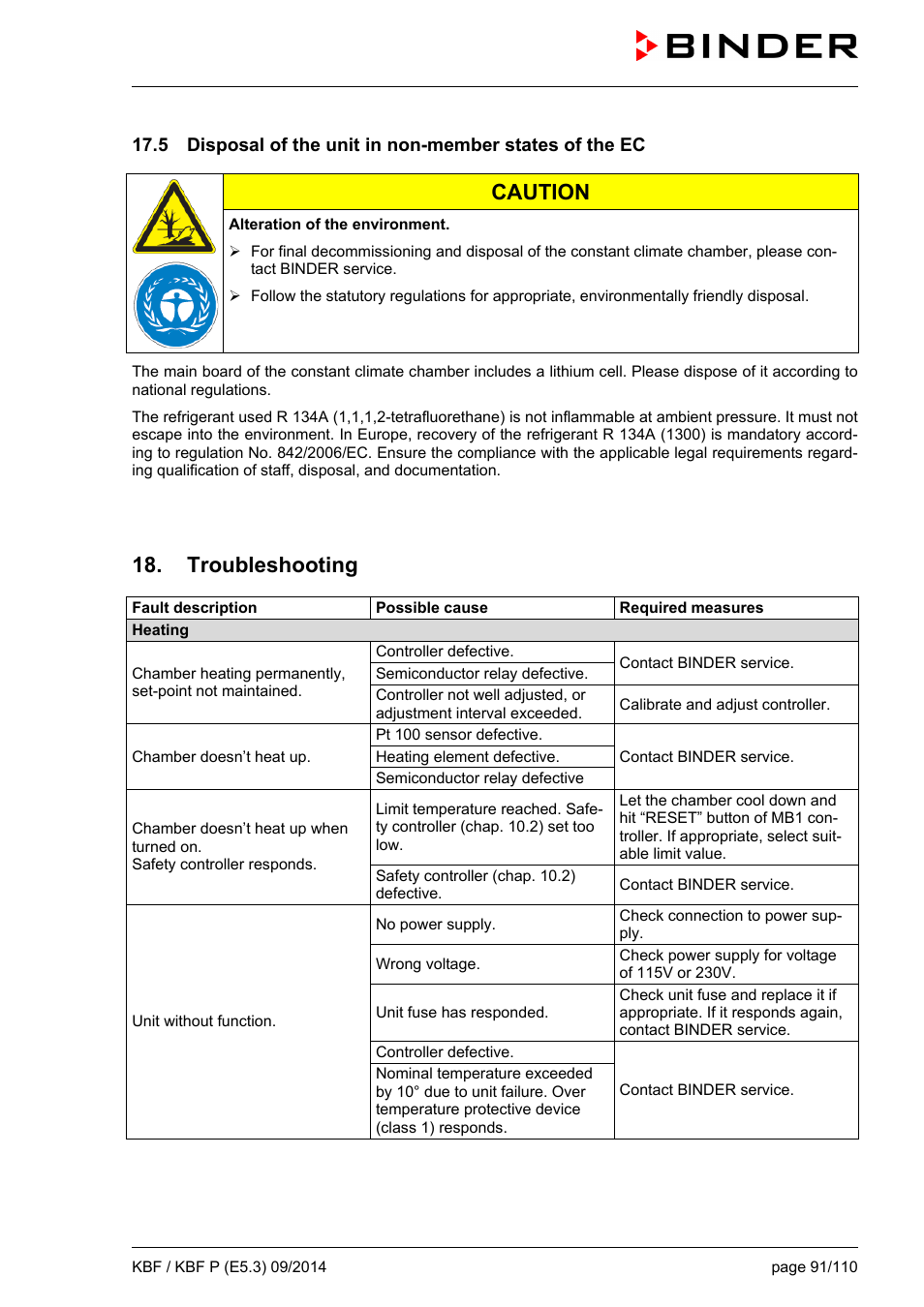 Troubleshooting, And 18, Caution | BINDER KBF 115 User Manual | Page 91 / 111