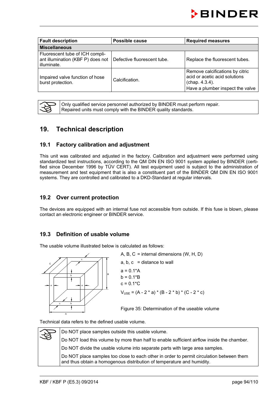 Technical description, 1 factory calibration and adjustment, 2 over current protection | 3 definition of usable volume | BINDER KBF 115 User Manual | Page 94 / 111