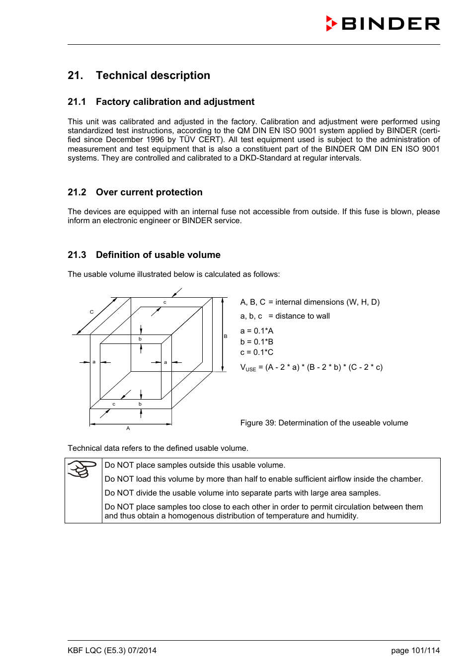Technical description, 1 factory calibration and adjustment, 2 over current protection | 3 definition of usable volume | BINDER KBF LQC 240 User Manual | Page 101 / 115
