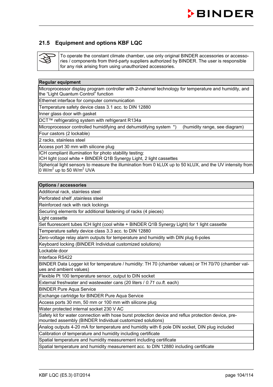 5 equipment and options kbf lqc, Ole_link21, Ole_link22 | BINDER KBF LQC 240 User Manual | Page 104 / 115