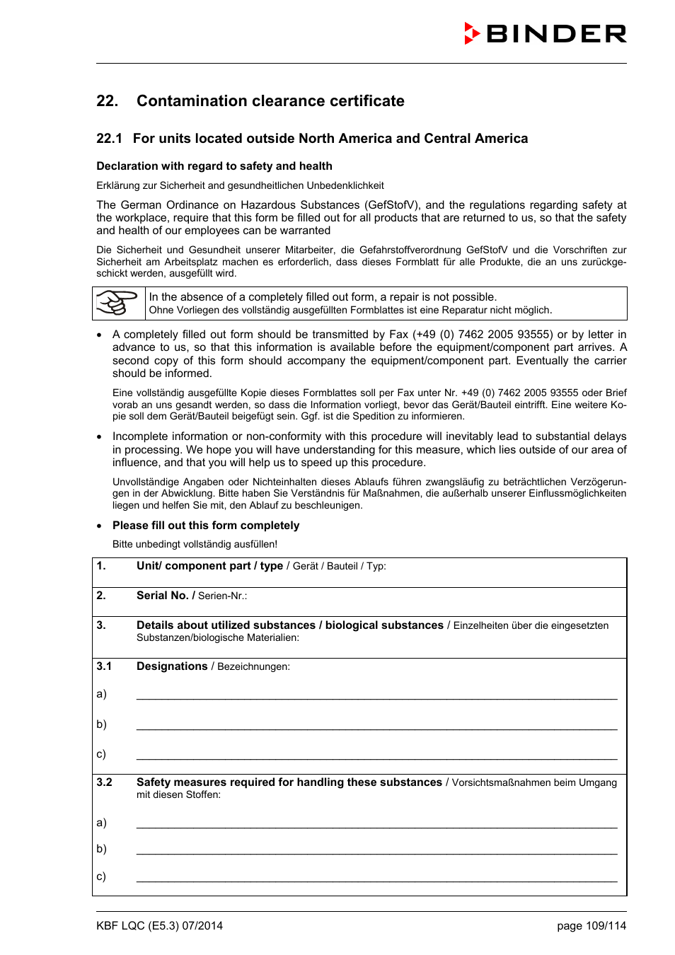 Contamination clearance certificate | BINDER KBF LQC 240 User Manual | Page 109 / 115