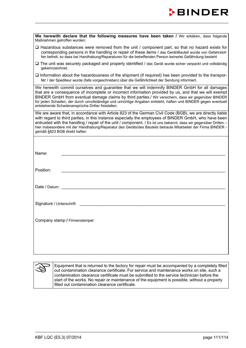 BINDER KBF LQC 240 User Manual | Page 111 / 115