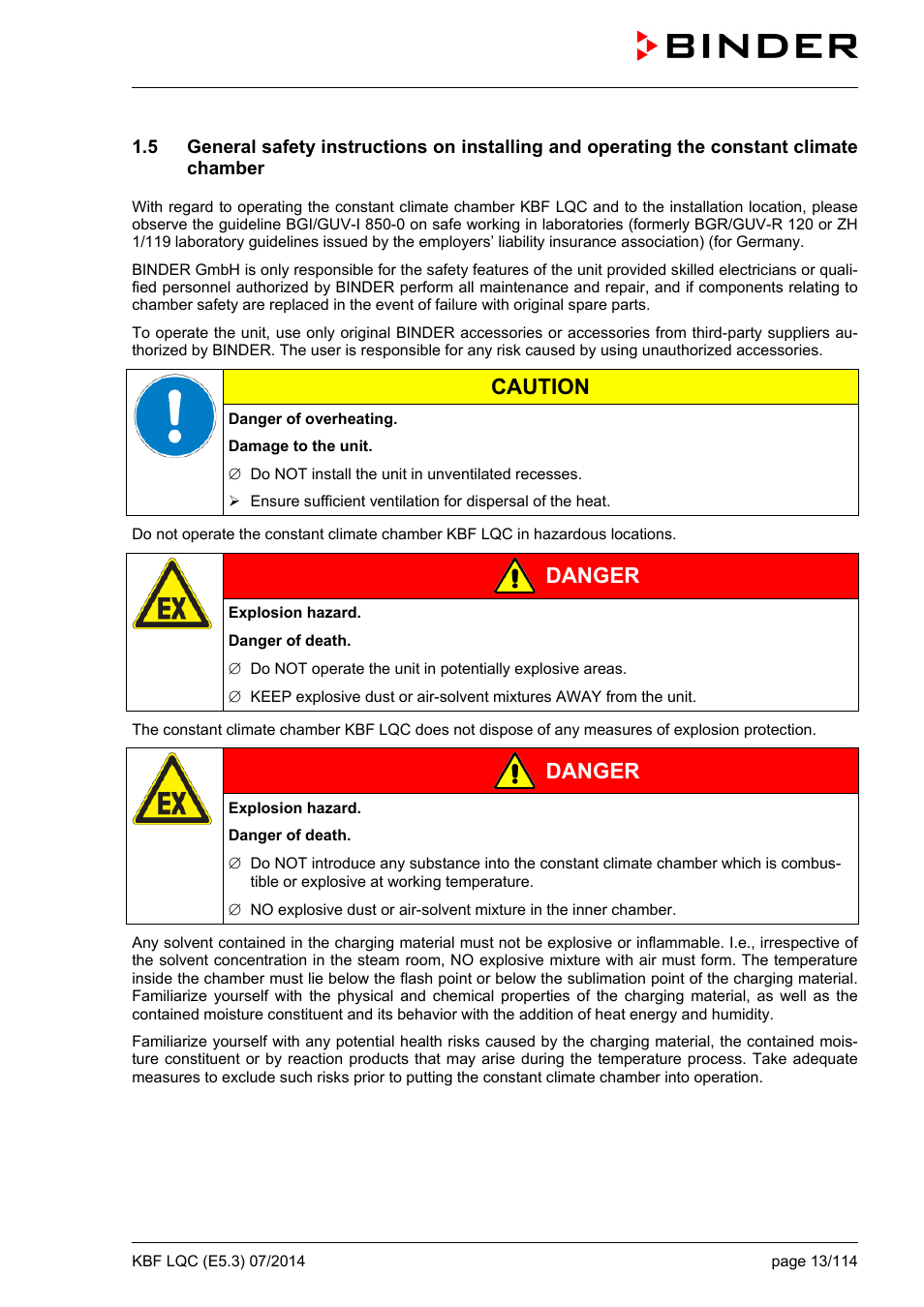 Caution, Danger | BINDER KBF LQC 240 User Manual | Page 13 / 115