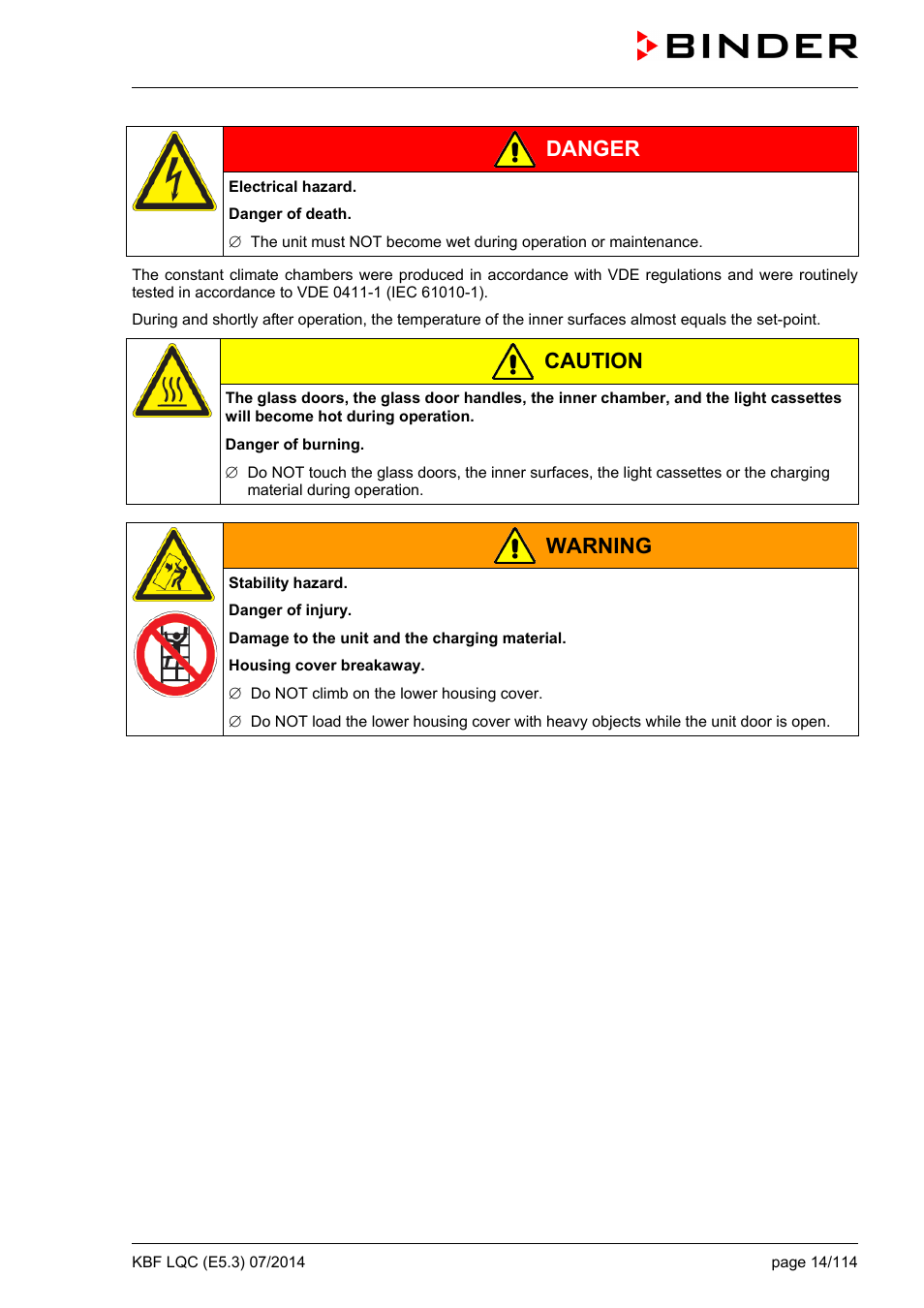 Danger, Caution, Warning | BINDER KBF LQC 240 User Manual | Page 14 / 115