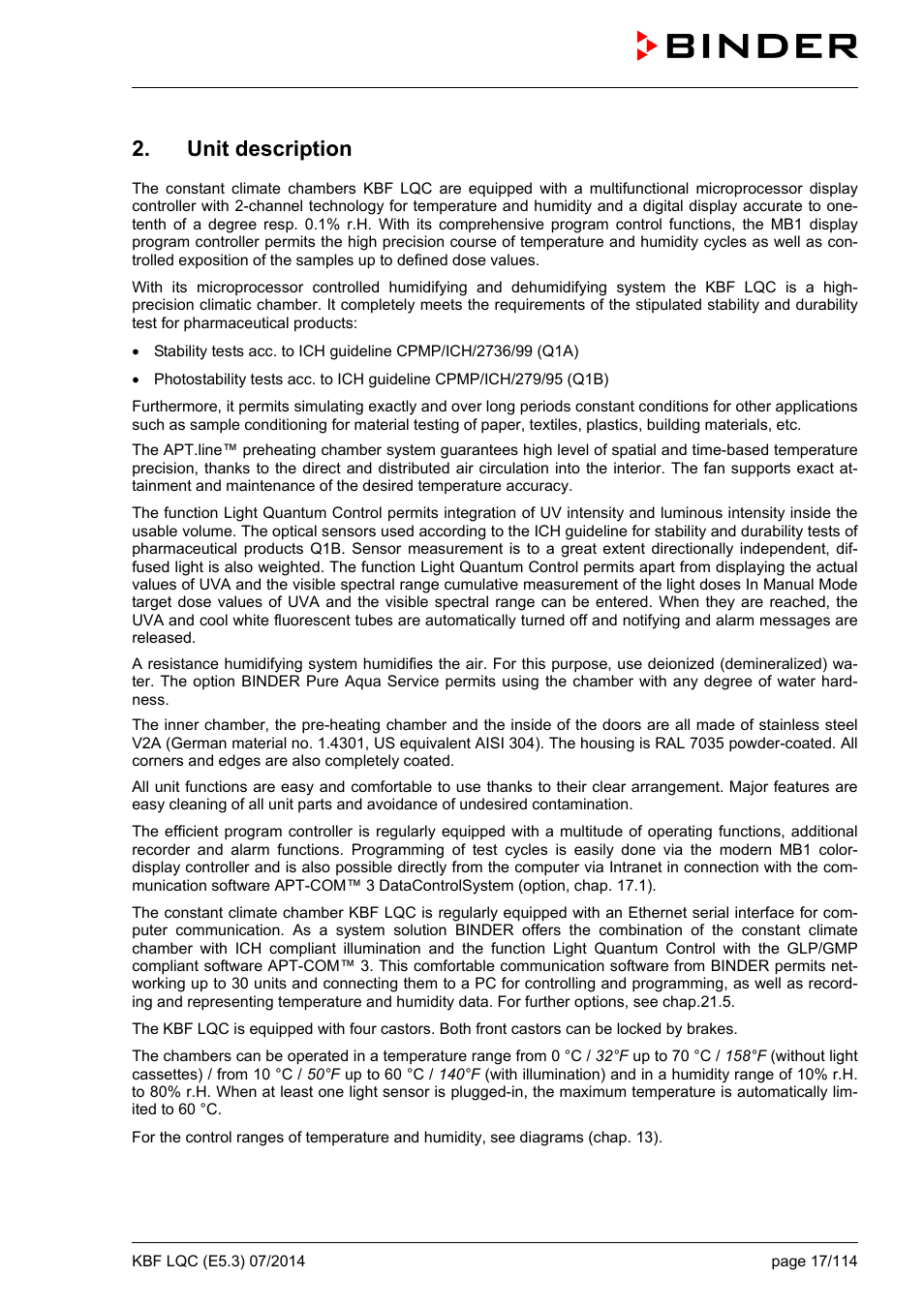 Unit description | BINDER KBF LQC 240 User Manual | Page 17 / 115