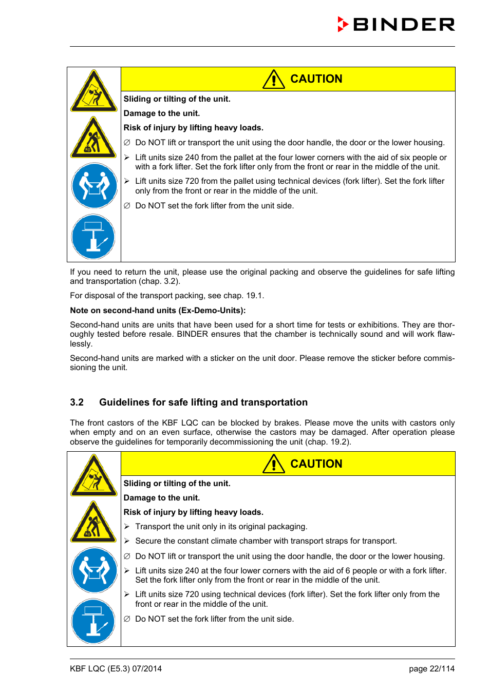 2 guidelines for safe lifting and transportation, Ole_link9, Caution | BINDER KBF LQC 240 User Manual | Page 22 / 115