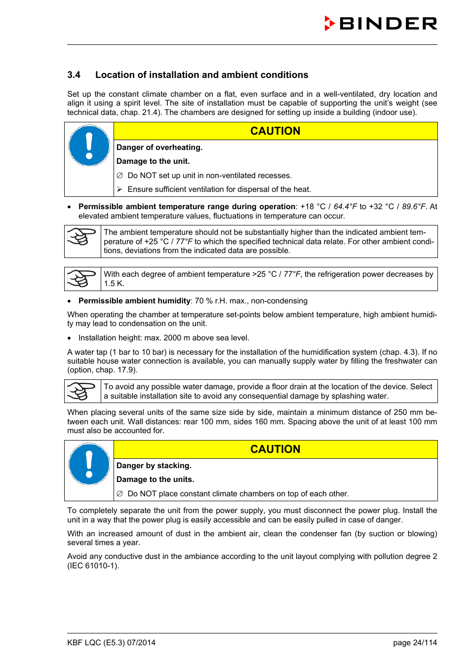 4 location of installation and ambient conditions, Caution | BINDER KBF LQC 240 User Manual | Page 24 / 115