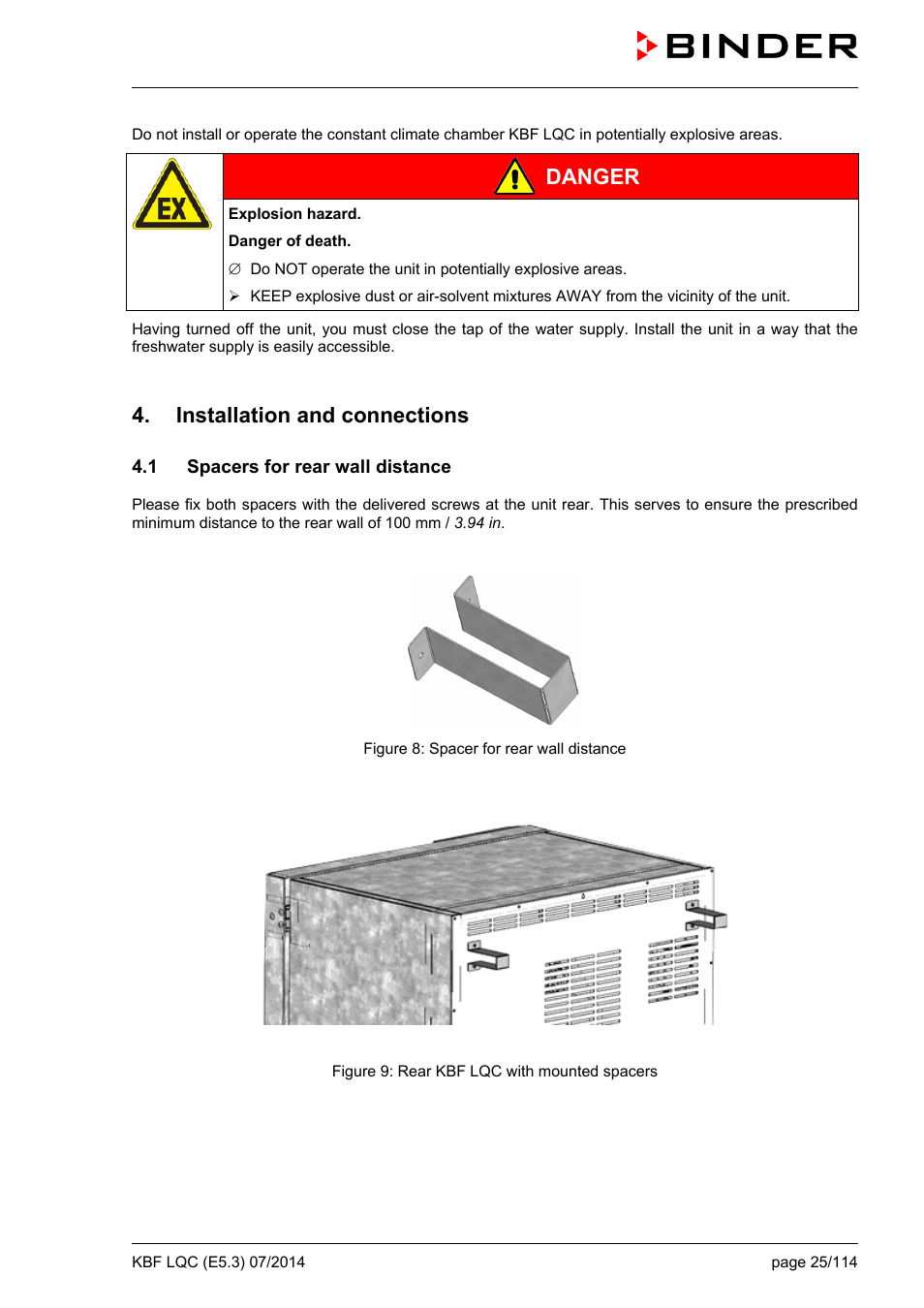 Installation and connections, 1 spacers for rear wall distance, Danger | BINDER KBF LQC 240 User Manual | Page 25 / 115