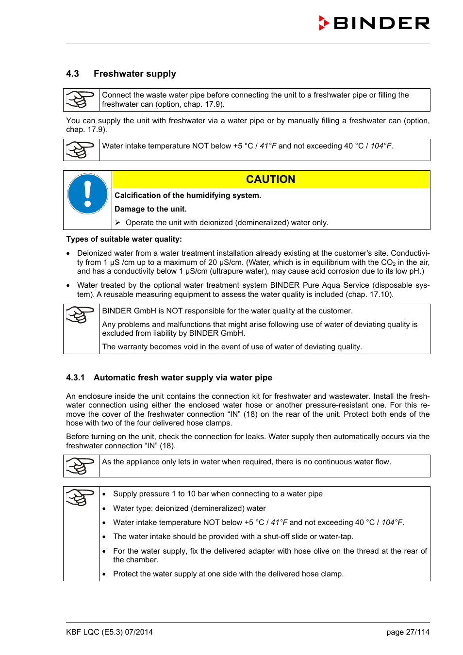 3 freshwater supply, 1 automatic fresh water supply via water pipe, Caution | BINDER KBF LQC 240 User Manual | Page 27 / 115