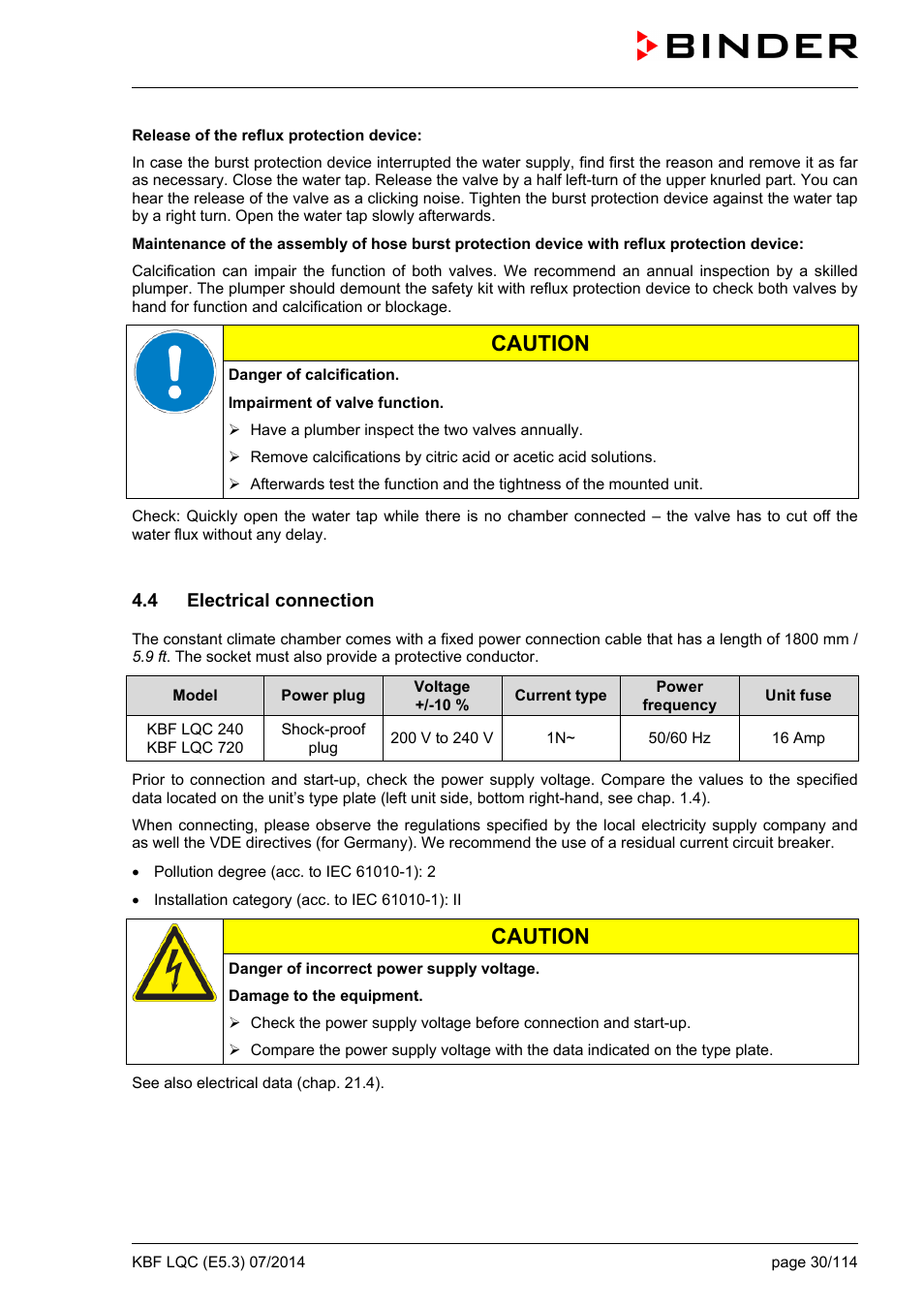4 electrical connection, Caution | BINDER KBF LQC 240 User Manual | Page 30 / 115