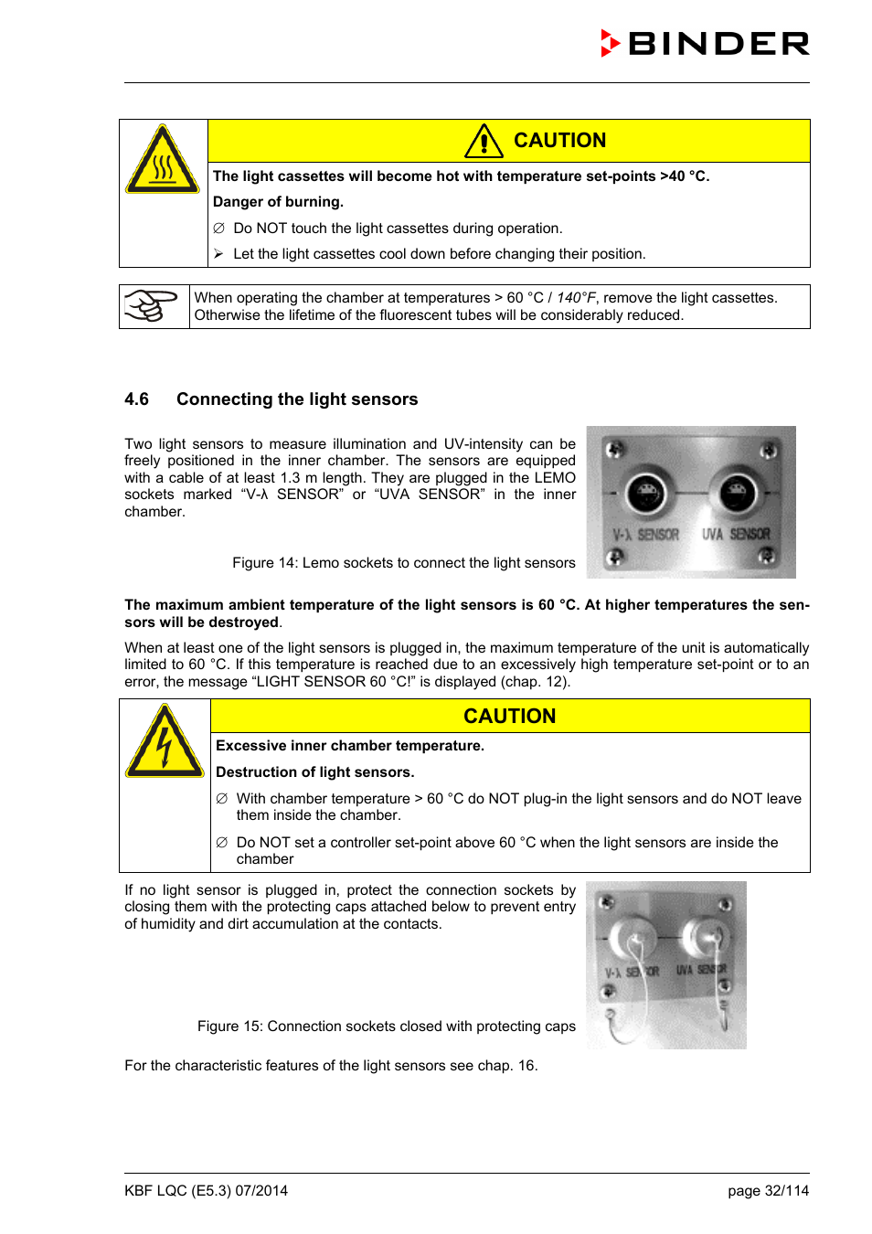 6 connecting the light sensors, Caution | BINDER KBF LQC 240 User Manual | Page 32 / 115