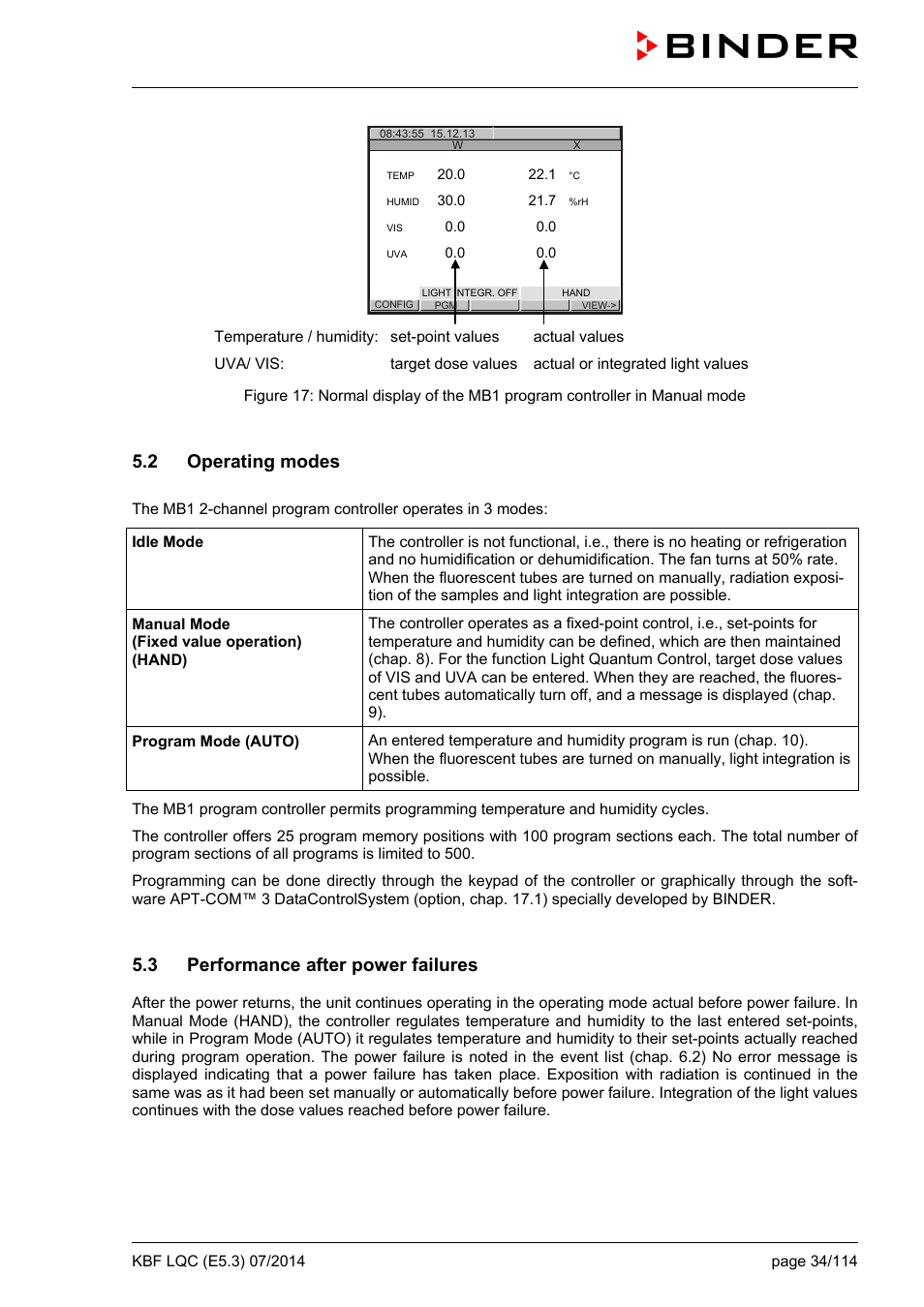 2 operating modes, 3 performance after power failures | BINDER KBF LQC 240 User Manual | Page 34 / 115