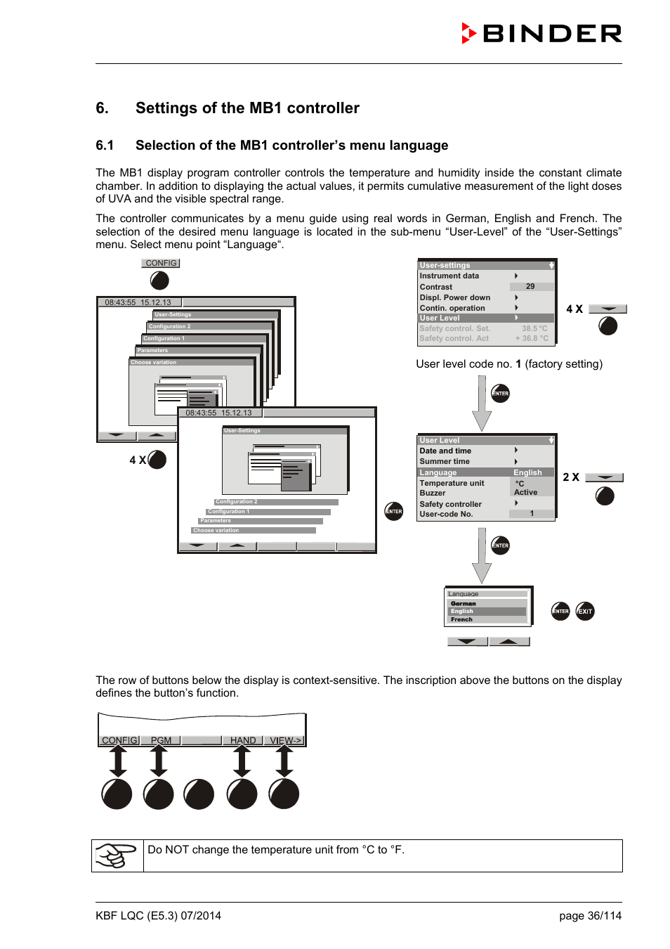 Settings of the mb1 controller, 1 selection of the mb1 controller’s menu language | BINDER KBF LQC 240 User Manual | Page 36 / 115